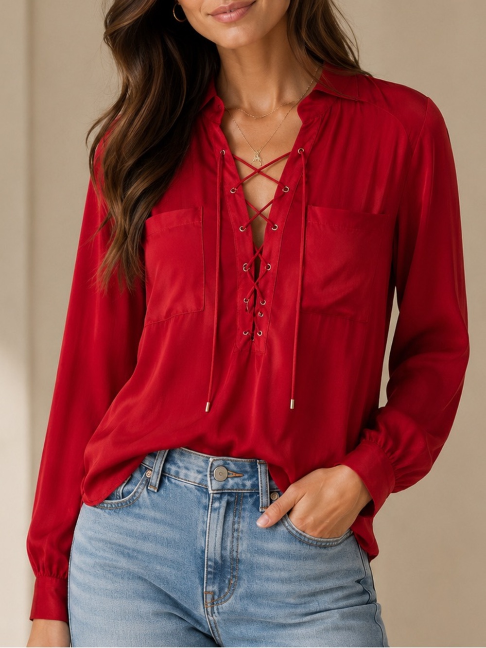 Haute Hippie $295 Silk Lace-Up Blouse Size S Red Long-Sleeve Chest Pockets Chic